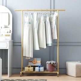 FONECHIN Industrial Pipe Clothing Rack, Heavy Duty Metal Clothes Rack With Wheels, Rolling Garment Rack with Bottom Shelf for Home Boutique Use (Gold)