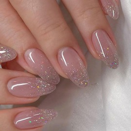 24pcs Long Almond False Nail French Glitter Star River Nail Tips DIY Full Cover Removable