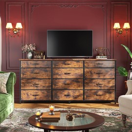 55" Dresser for Bedroom with 12 Fabric Drawers, Entertainment Center for 60 inch TV Dressers & Chests of Drawers Large Storage Organizer for Closet, Living Room, Metal Frame, Wood Top, Rustic Brown
