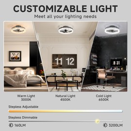 VOLISUN Fandelier Ceiling Fans with Light, 15.7in Low Profile Ceiling Fan with Light and Remote, 3000K-6500K Dimmable Bladeless Ceiling Fan Flush Mount, Black Modern Ceiling Fan with Light for Bedroom