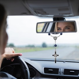 TALISMAN4U Sacred Saint Benedict Medal One Decade Catholic Rosary for Car Rearview Mirror Glass Pearl Beads Auto Rosaries Bracelet for Women Men St Benedict Crucifix Religious Gift (Blue Car Rosary)