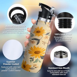 Xinvast Floral Sunflower Water Bottle Adult Kids With Straw Lid Insulated Stainless Steel Travel Mugs for Sport Gym Outdoor 20oz