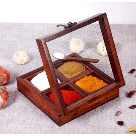 Wánjù Craft Wooden Handicrafts Table Top Masala Dabba Containers Jars & Wooden Masala Box for Kitchen Masala Dani Wooden Spice Box Set for Kitchen with Spoon (4 Containers, Detachable, Brown)