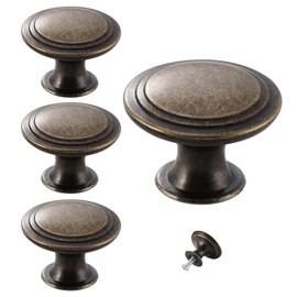ShiningUU 5 Piece Vintage Kitchen Cupboard Handles Set Modern Minimalist Antique Brass Drawer Pulls with Screws | 30mm/1.1Inch Diameter Cabinet Door Knobs for Cupboards & Drawers