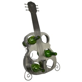 Guitar Wine Rack Bottle Holder Floor Standing and Holds 6 Bottles of Wine 28" Tall in Recycled Silver Metal