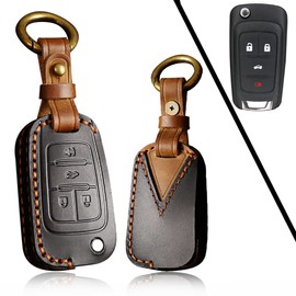 ontto Key Fob Cover Genuine Leather Key Holder Full Cover Compatible with Chevy for Buick Flip Key Fob(4-Button,Black)