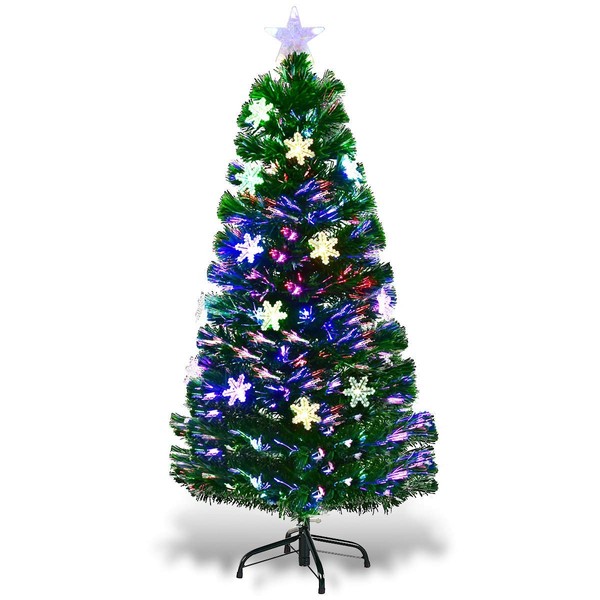 Goplus 4FT Pre-Lit Fiber Optic Artificial Christmas Tree, with Multicolor Led Lights and Snowflakes
