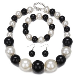 MMIUAEG Colorful Round Beaded Earrings Neacklace Set Retro Imitation Pearls Beaded Bracelet Geometric Acrylic Beads Dangle Earrings 70s 80s Exaggerated Necklace Bracelet Jewelry-White&Black