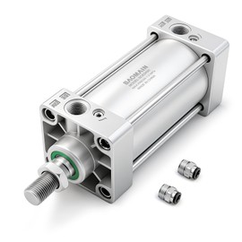 Baomain Pneumatic Air Cylinder SC 63 x 50, PT 3/8 Port, 2-1/2" Bore, 1.96" Stroke, Single Rod Double Acting, M16x1.5 Threaded Rod, with 2X Push-in Fittings
