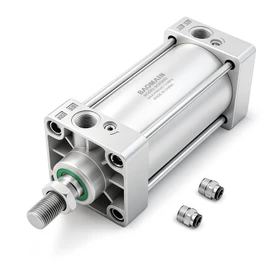 Baomain Pneumatic Air Cylinder SC 63 x 50, PT 3/8 Port, 2-1/2" Bore, 1.96" Stroke, Single Rod Double Acting, M16x1.5 Threaded Rod, with 2X Push-in Fittings