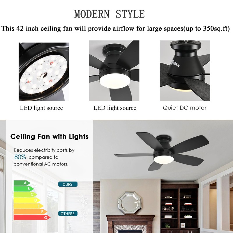 JSAITEE Ceiling Fans with Lights, 42 Inch Low Profile Ceiling