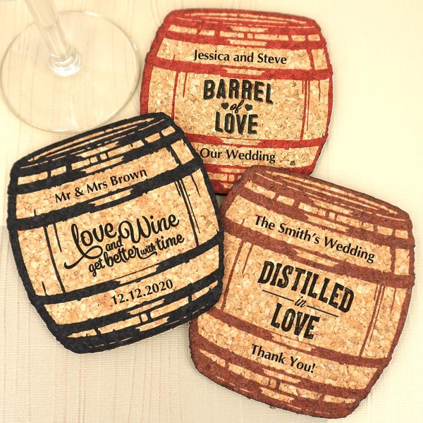 Oak Whisky Barrel Personalized Cork Coasters for Drinks, Personalized Wine