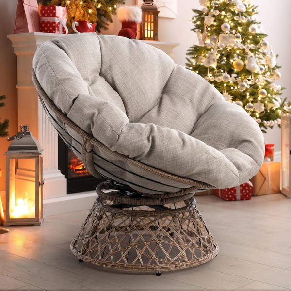 Bme Ergonomic Wicker Papasan Chair with Soft Thick Density Fabric Cushion, High Capacity Steel Frame, 360 Degree Swivel for Living, Bedroom, Reading Room, Lounge, Silver Cloud - Brown Base