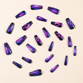 Coffin Press on Nails Long Black Fake Nails with Purple Flame Phoenix Pattern Design Acrylic Nails Artificial Full Cover False Nails Glue on Nails Glossy Stick on Nails for Women Girls 24 Pcs