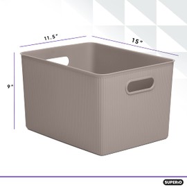 Superio Ribbed Collection - Decorative Plastic Open Home Storage Bins Organizer Baskets, X-Large Taupe (1 Pack) Container Boxes for Organizing Closet Shelves Drawer Shelf 22 Liter/23 Quart