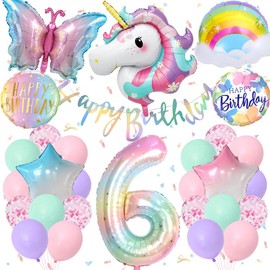 TOLOYE 6th Birthday Decoration for Girls, Unicorn Butterfly Theme Party Decorations, Pastel Birthday Decorations with Unicorn Butterfly Star Foil Balloons, Girls Birthday Party Supplies for 6 Years