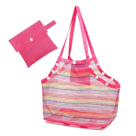 COOLGO Pink Beach Toy Bag with Reinforced Nets Foldable Sand Toy Mesh Bag XXL for Beach & Family Robust Beach Bag for Beach, Swimming Pool, Holiday, Lightweight, Pink Mesh/Pink Strap, XXL