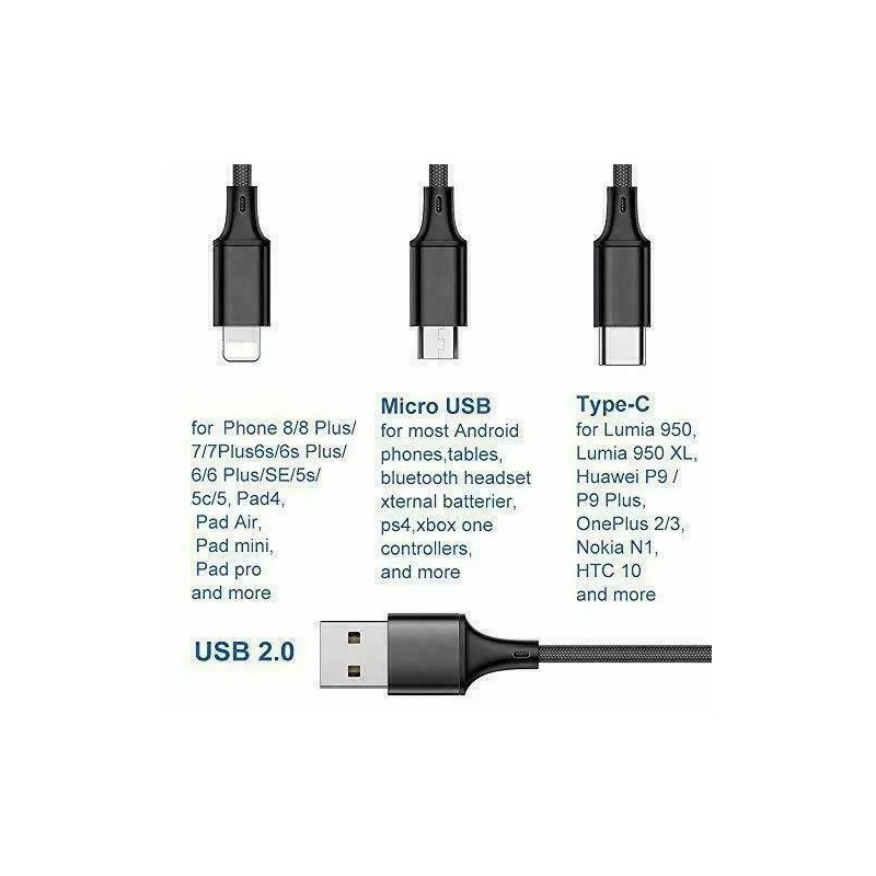 Unbranded 3 in 1 Fast USB Charging Cable Universal Multi