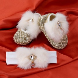 Bling Rhinestone and Faux Fur Detail Newborn Baby Girl Shoes and Headband Set Cream