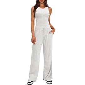Darong Women's 2 Piece Outfits 2025 Tank Top And Long Pants Lounge Sets Tracksuit 9054A White Grey L
