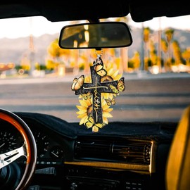 Cross Car Rearview Mirror Accessories, Christian Jesus Cross Car Hanging Interior Ornament, Acrylic Butterfly Car Pendant Charms for Home Decoration Keepsake Car Lucky Present for Men Women (Yellow)