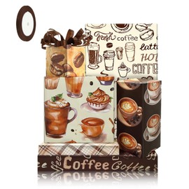 Coffee Wrapping Paper 6 Sheets Vintage Coffee Lovers Beans Cupcake Dessert Pattern Funny Wrapping Paper with Brown Ribbon Set for Women Men Birthday Wedding Bridal Shower and More