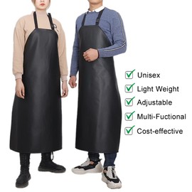 GNJCV Black Waterproof Vinyl Apron - Large Faux Leather Apron with Adjustable Bib Ultra Lightweight Apron for Dishwashing