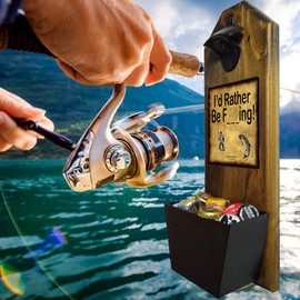 "I'd Rather Be Fishing" Bottle Opener and Cap Catcher. Handcrafted by a Vet. 100% Solid Pine 3/4" Thick - Rustic Cast Iron Bottle Opener & Galvanized Bucket - Great Gift! (for your beer!)