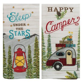 2 Piece Vintage Scenic Route Camping Dual Purpose Kitchen Towel Bundle, Happy Camper and Sleep Under The Stars