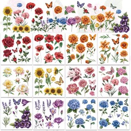 WEBEEDY 12 Sheets Transfer Stickers Flowers Rub on Transfer Stickers Vintage Transfer Film Butterfly Rose Hydrangea Lily Waterproof Stickers for Furniture, Table, Wood, Scrapbooking, DIY Crafts