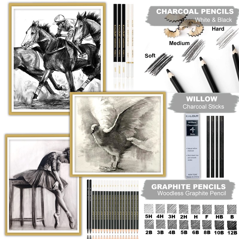 KALOUR 54-Pack Sketch Drawing Pencils Kit with Sketchbook,Include Graphite,Charcoal Pencils
