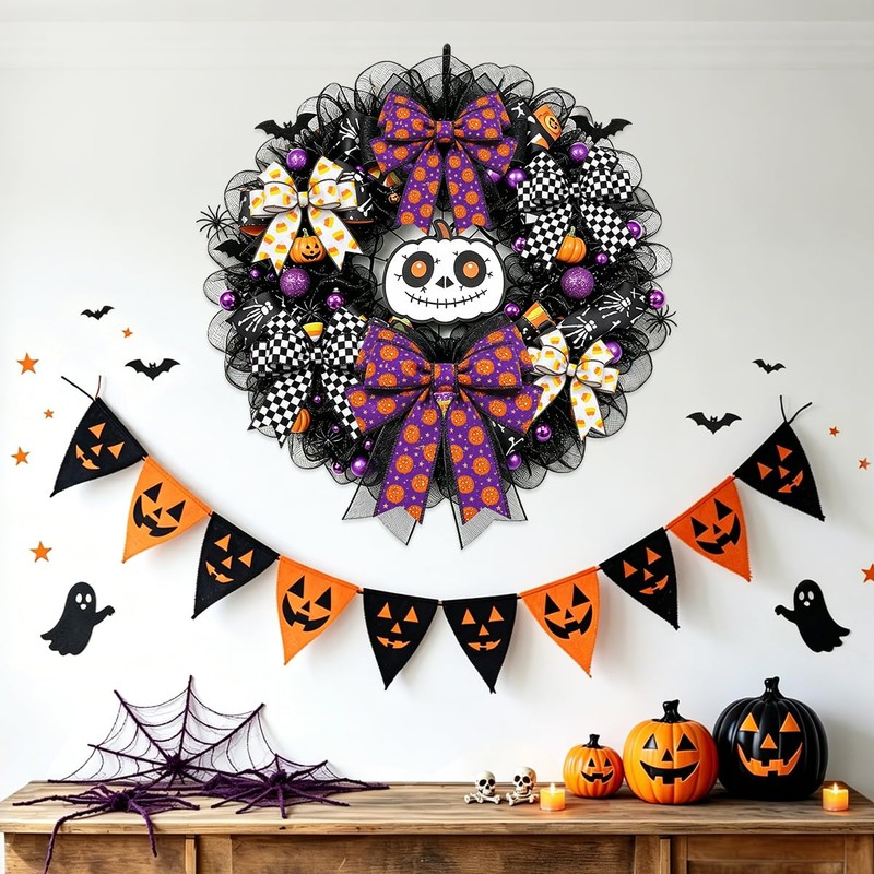 3 Rolls Halloween Wired Edge Ribbon Checkered Pumpkin Candy Corn