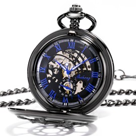 TREEWETO Black Double Cover Roman Numerals Dial Skeleton Mens Women Pocket Watch