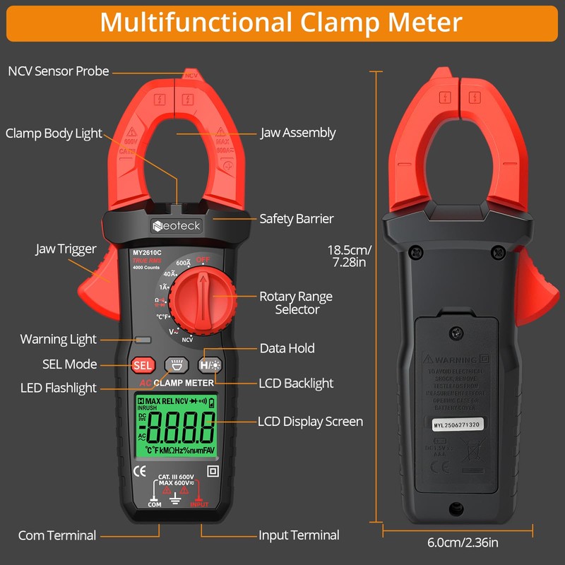 Neoteck Digital Clamp Meter 600A AC, 4000 Counts TRMS Auto-Ranging