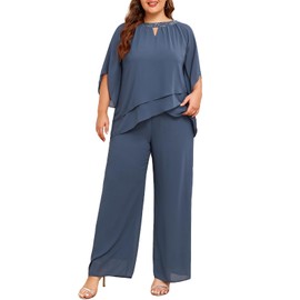 Hanna Nikole Women Plus Size Trouser Suit Women Festive Elegant Women Two-Piece Suit Elegant Festive Plus Size Two-Piece Suit Women Elegant Gray Blue 26