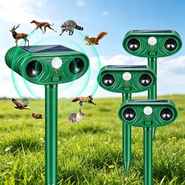 2026 Solar Animal Repellent Outdoor 4 Pack with Motion Deer Repellent Devices&Ultrasonic Cat Repellent Fox Raccoon Squirrel Coyote Rabbit Deterrent Waterproof for Yard & Garden