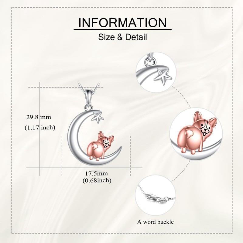 SILBAZ Corgi Necklace 925 Sterling Silver Dog Pendant Necklace Moon