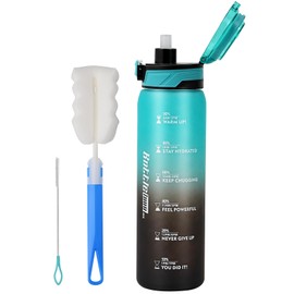 YOUNGCLUE 1L Water Bottle with Straw,Sports Drinks Bottle Leakproof,1 Litre Water Bottles with Time Markings BPA Free,Adults Water Bottles for Gym,Office, Travel,Cycling (Cyan Black)