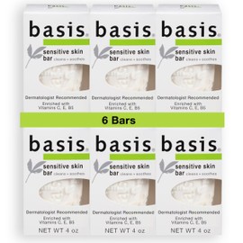 Basis Sensitive Skin Bar Soap for Body, Hands and Face, Unscented Soap Bar for Sensitive Skin with Chamomile and Aloe Vera, 4 Oz, Pack of 6