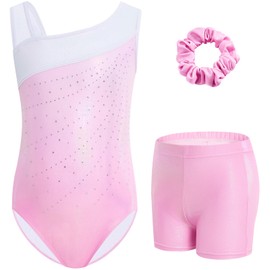 Gogokids Gymnastics Leotards for Girls Sloping Shoulders Kids Dance Unitards Biketards with Shorts, C-Pink, 8-9 Years