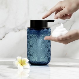 SEICASAYA 13.5 oz Glass Soap Dispenser, Luxurious Floral Embossed Glass Bathroom Countertop Foaming Pump for Kitchen Vanity (Blue)