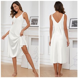 ouansyltg Women Silk Chemise Nightgown Tank Night Dress Long Gowns Sleepwear Full Slips V Neck Night Gown White X-Large