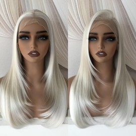 Skunk Stripe Wig Lace Front Wig Pre Plucked 13x6 Glueless Synthetic Lace Front Wig for Women Highlight Blonde with White Tips Long Straight Layered Synthetic Wigs for Daily Use 22 Inch