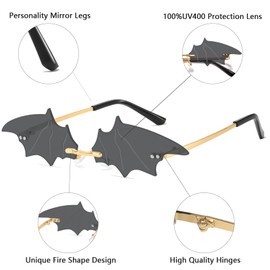 aisswzber Bat Flame Sunglasses Devil Glasses Goth Vampire Accessories Bat Wing glasses, For Women Men
