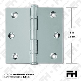 Finsbury Hardware Solid Brass Chrome Door Hinge Heavy Duty Ball Bearing Shiny Silver 3 x 3 Inch - Set of 3 Hinges (Polished Chrome)