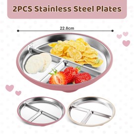 Yeomju FloralGrace Pack of 2 Stainless Steel Children's Plates with 2 Non-Slip Suction Cups, Baby Plate with Suction Cup, Unbreakable Baby Crockery Set, BPA-Free and Dishwasher Safe (Pink Beige)