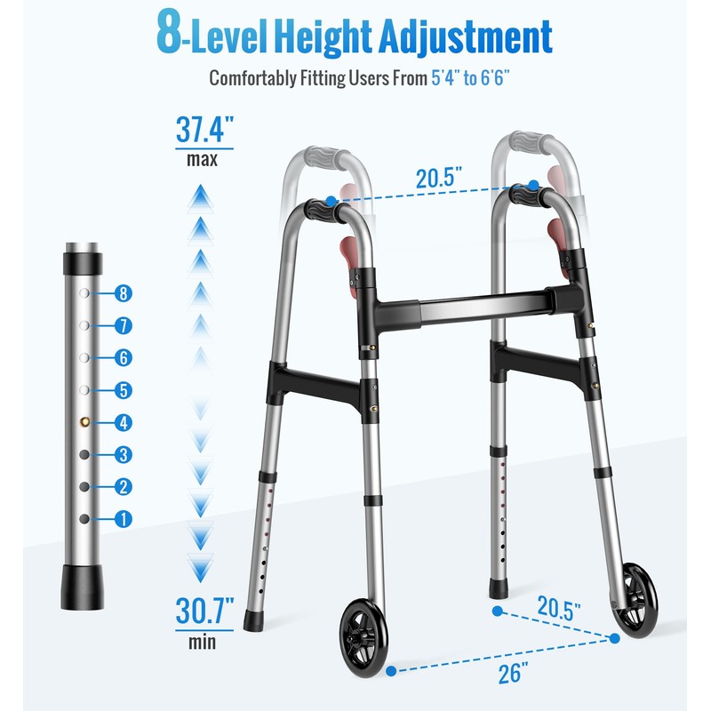 HOMLAND Walkers for Seniors, 2-Button Folding Walkers with Wheels, Lightweight