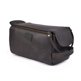 DHAMPOOH Genuine Leather Dopp Kit - Unisex Water-Resistance Cosmetic & Shaving Bag, Travel Organizer Toiletry Bag for Men & Women (10X5X4.5, Black)