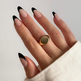 Black French Tip Press On Nails, Short Almond Medium Fake Nails with Nail Glue, Reusable Soft Gel Stick On Nails for Women Girls Gift, 30PC Elegant Glue On Nails Kit