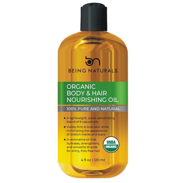 Being Naturals Organic Hair & Body Oil- for Stretch Marks, Dark Spots & Acne Scars with 9 Essential Oils & Omega 3 ;Firm & Tone Skin ; Body, Face& Hair Moisturizer - 4 fl oz